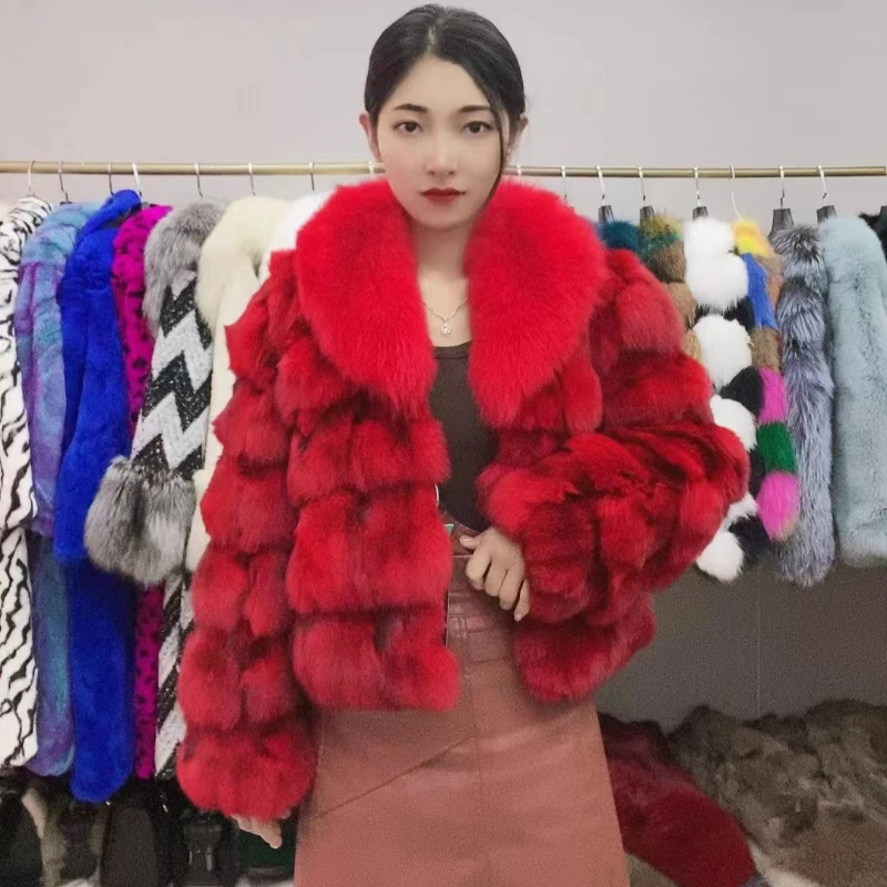 Hot Sale New Winter Women 100% Natural Fur Jacket Fox Fur Collar