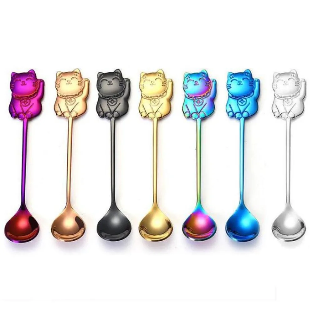 

100pcs/lot Lucky Cat Coffee Stir Spoon Colorful Stainless Steel Dessert Pudding Tea Scoop Kitchen Tableware Cup Decor