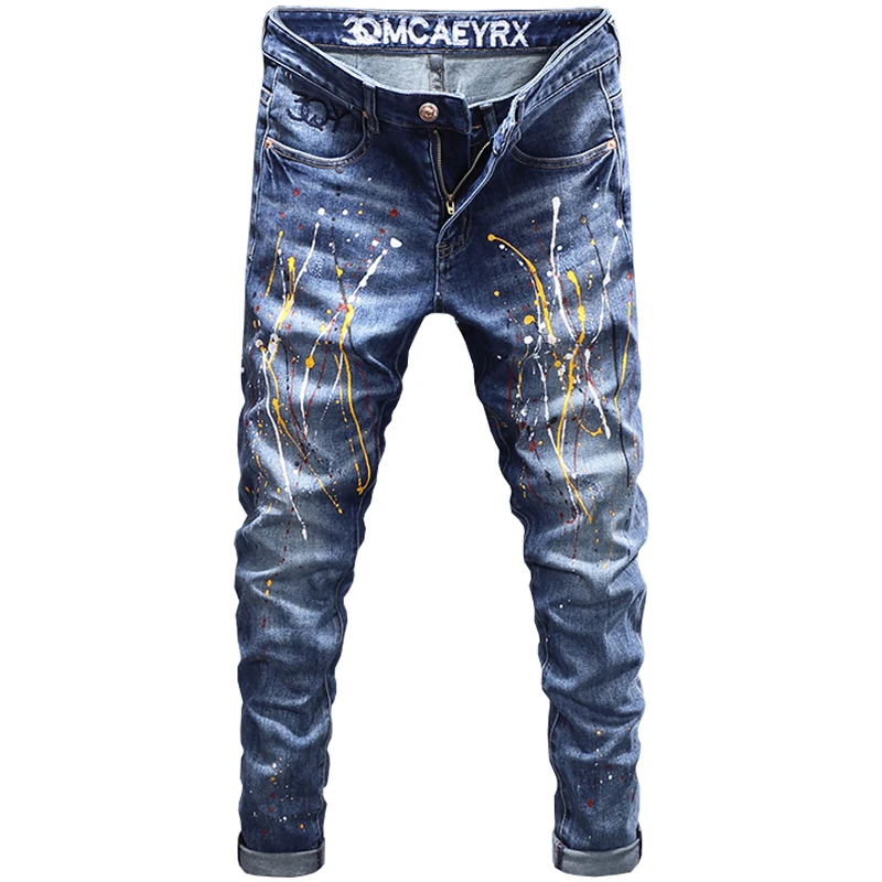 High Street Fashion Men Jeans Retro Blue Stretch Elastic Slim Fit Ripped Jeans Men Painted Designer Hip Hop Denim Pants Hombre
