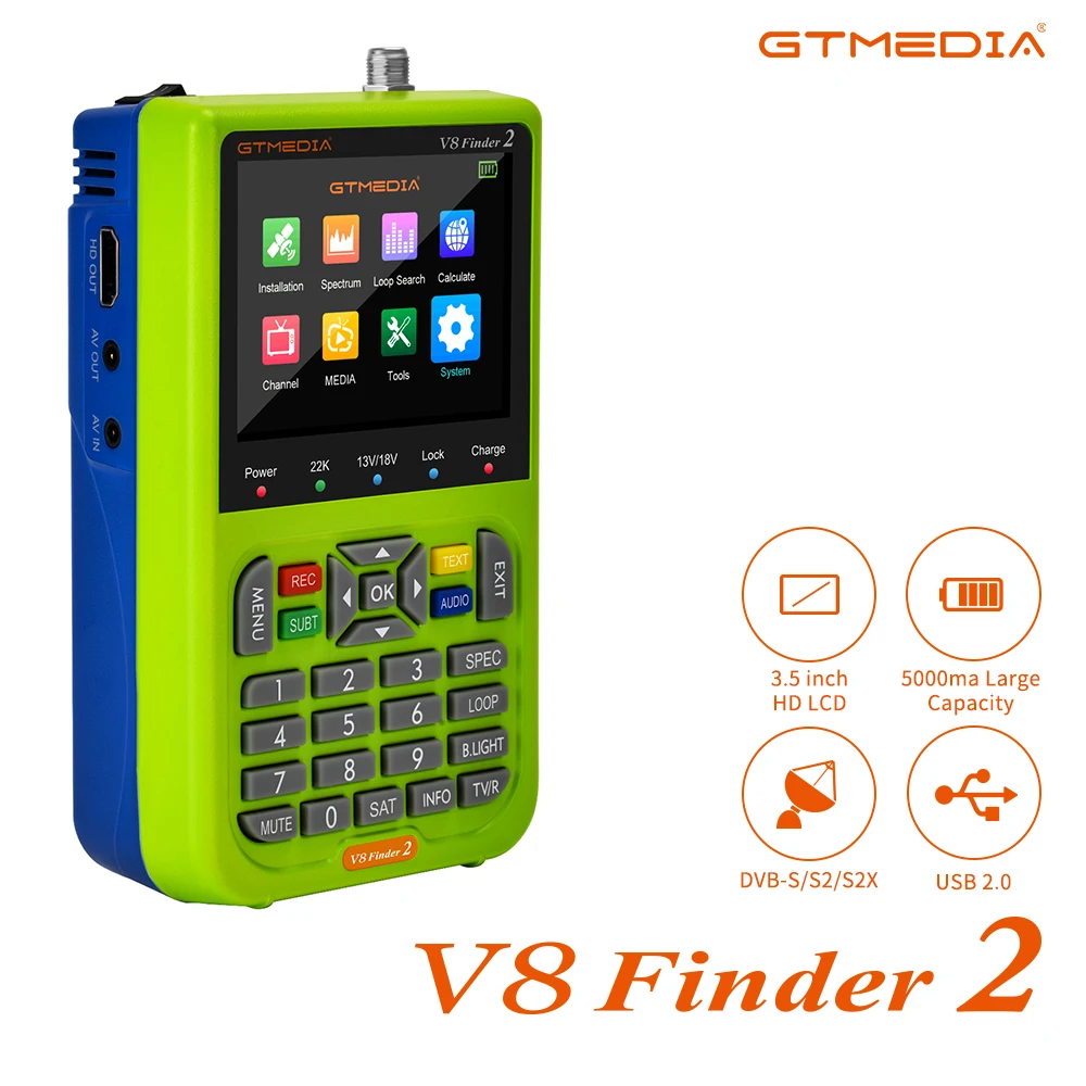 GT MEDIA V8 Finder2 Pointeurs Satellites Sat Finder Meter Localisateur  Signal Satellite Numérique pour DVB-S2X/S2/S Le réglage de la Parabole  Satellite, 3.5 LCD HD H.264 7,4 V/4000 mAh : : High-Tech