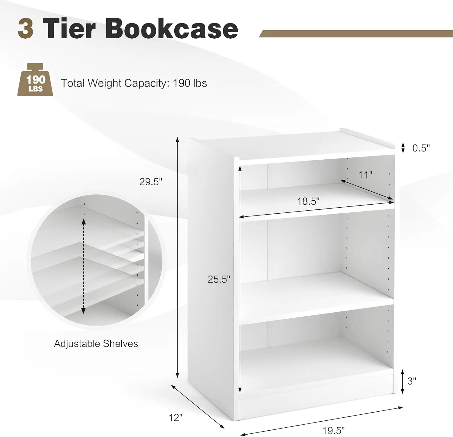 3-Tier Open Bookcase, Modern 3-Cube Bookshelf with 18-Position Adjustable Shelves & Anti-toppling Devices,