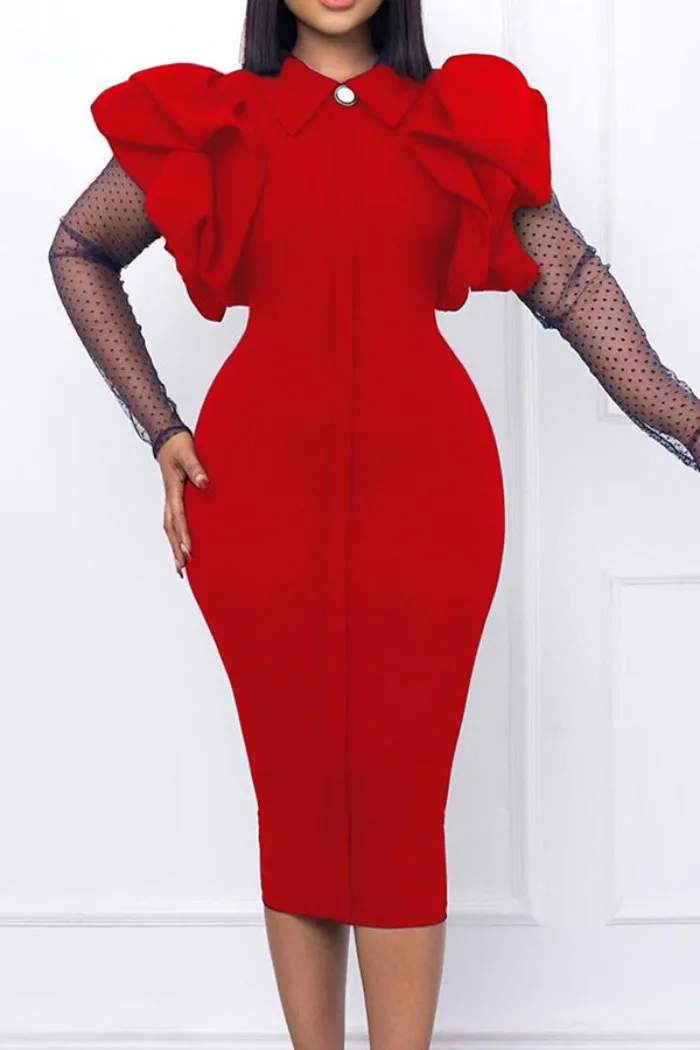 

red Women Dress Ruffles Patchwork Mesh Long Sleeves Elegant Office Ladies Work Wear Female Classy Modest African Robes 2024