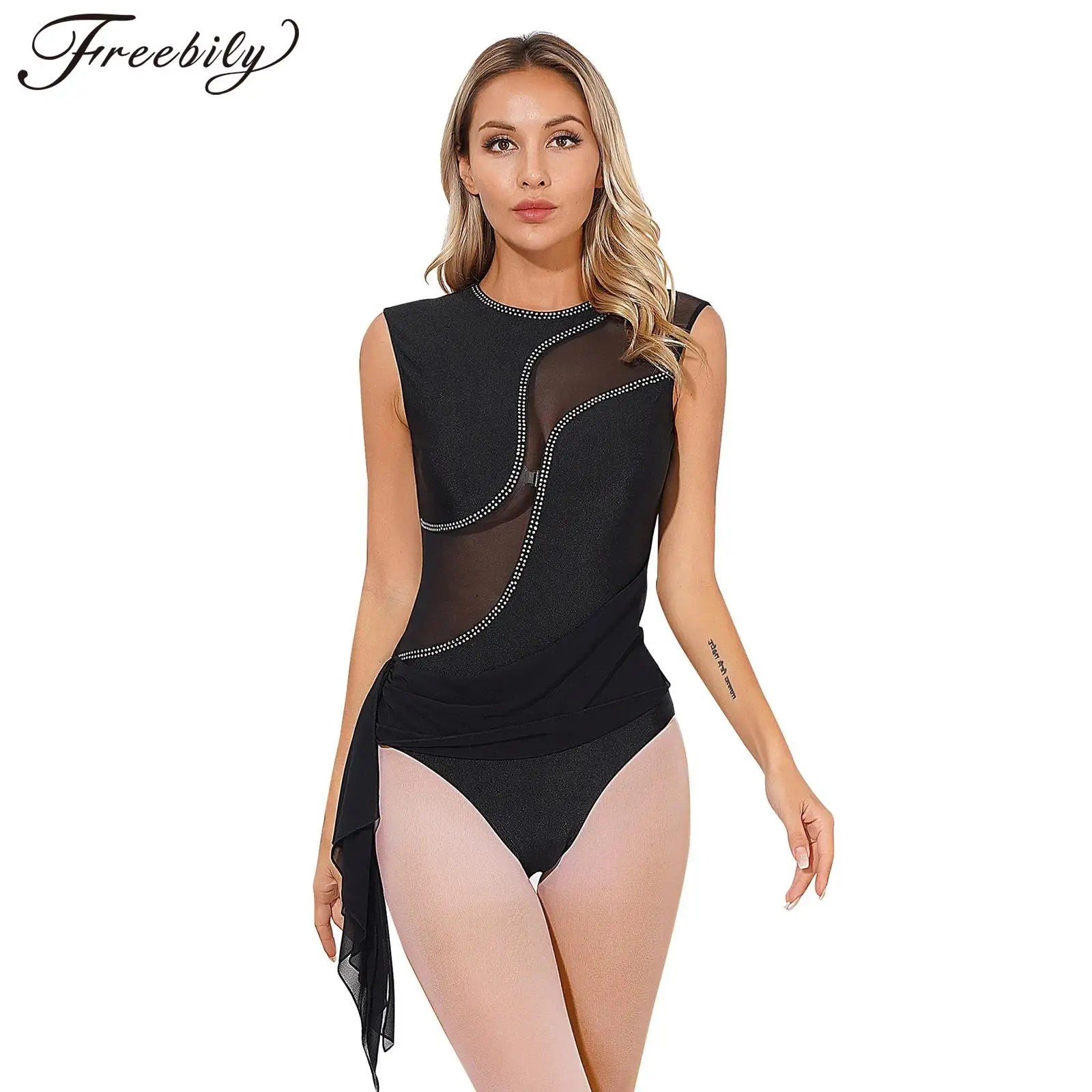 

Women Lyrical Dance Costume Shiny Rhinestone Crisscross Back Ballet Gymnastics Leotard Sheer Mesh Splice Figure Skating Bodysuit