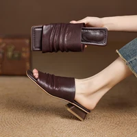 2026 NEW Summer Women Mules Genuine Leather Shoes for Women Open Toe Med Heel Shoes Slippers Pleated Modern Sandals - Image 5