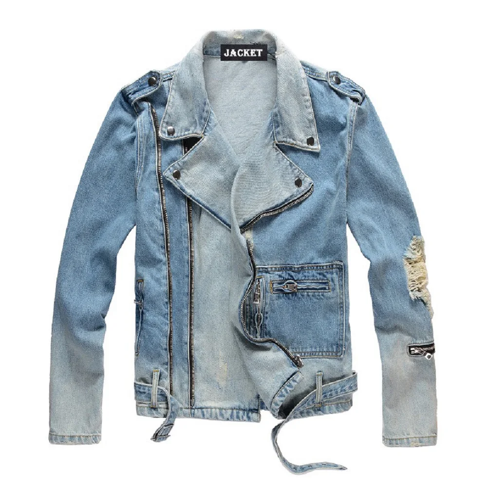 

Light Blue Zippers Denim Biker Jacket For Motorcycle Streetwear Men Washed Hole Coats Distressed Versatile Ripped Jeans Clothes