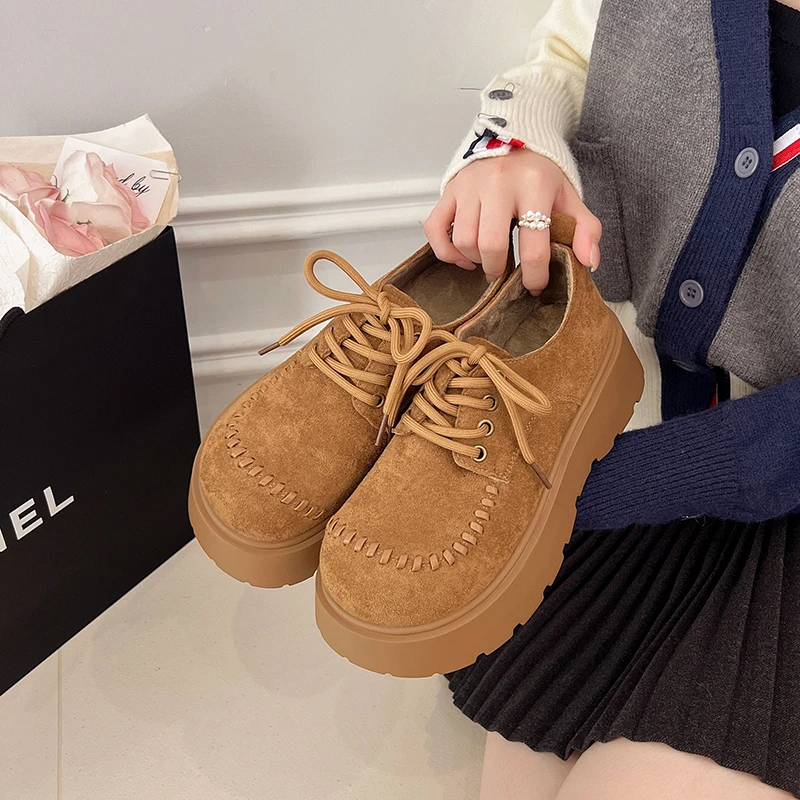 Aphixta Winter Platform Woman Casual Shoes Camel Lace Up Suede Chunky Heel Woman Shoes Warm Short Plush Weave Design Footwear
