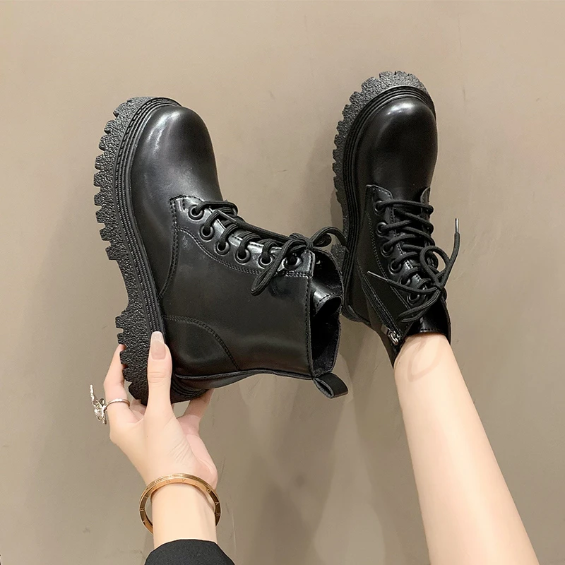 Shoes Female 2023 New PU Ankle Women's Boots Platform Modern Boots Women Lace Up Side Zip Round Toe Fretwork Heels Shoes Women
