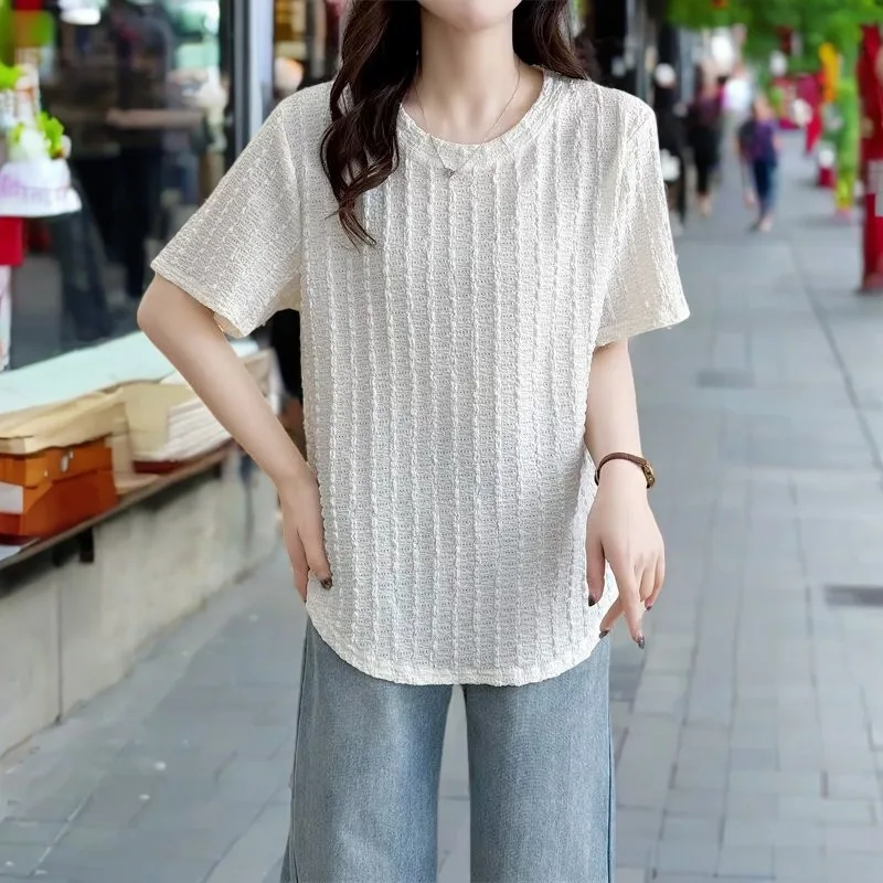 Summer New Top 100kg Texture Round Neck Short Sleeve Tees Plus Size Women's T-shirt 8020