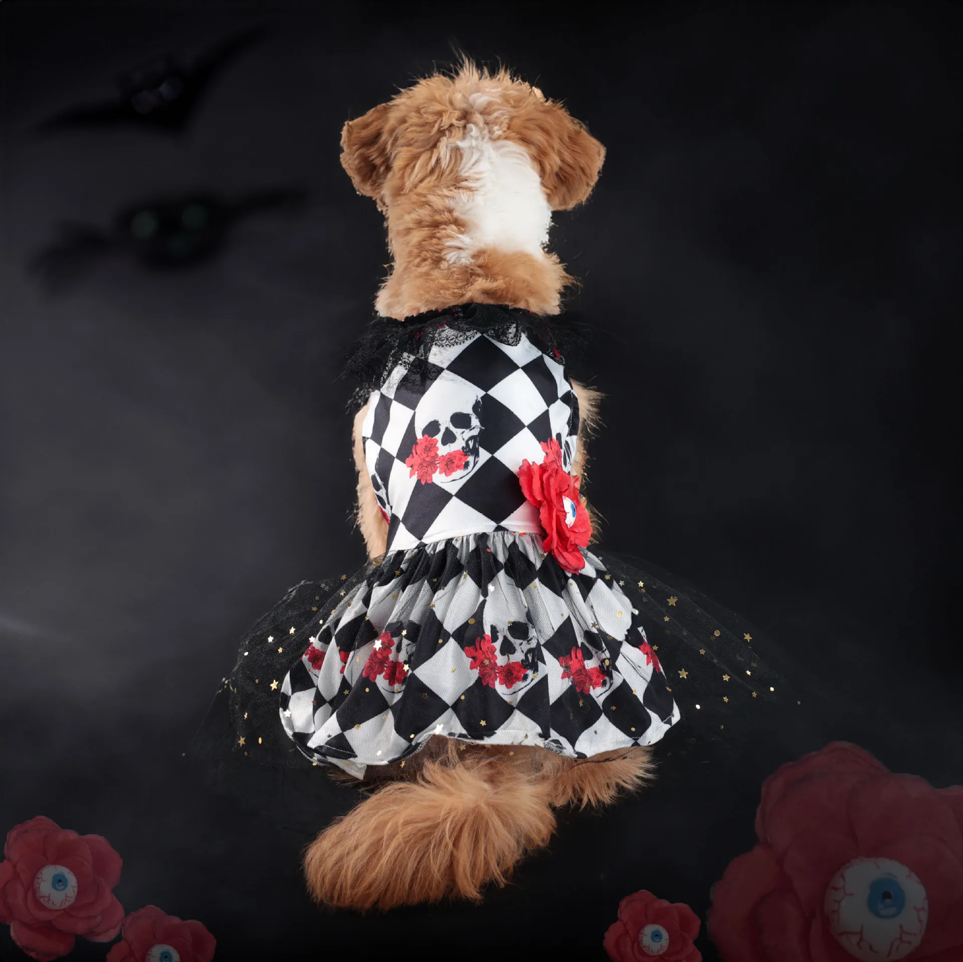 Robe Halloween Damier Noir Et Blanc Squelette Avec Fleurs - 2025 - Vêtement et accessoires pour chiens - Doglovedesign