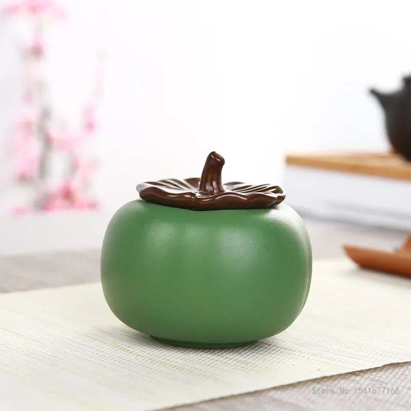 Persimmon Shaped Tea Pot, Creative Ceramic, Green, Orange, Small Size, 8.8x8cm, Household Tea Room Items, 1Pc