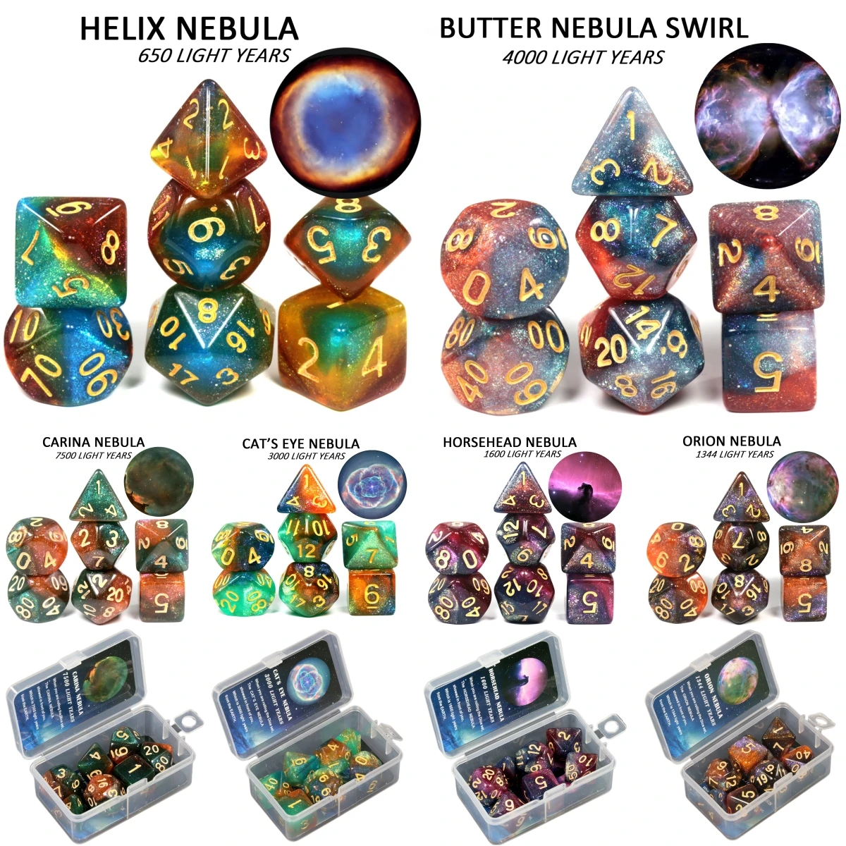 

Cosmic Galaxy Concept Dice 7 Pcs with Bag/ Box Role Playing Game Table Accessories 8 Themes Christmas Gift Boardgame