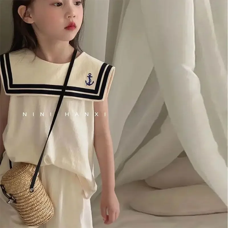 Girls Casual Summer Korean Style Children's Stylish Navy Collar Sleeveless Top Bell Bottoms 2-piece Set 4