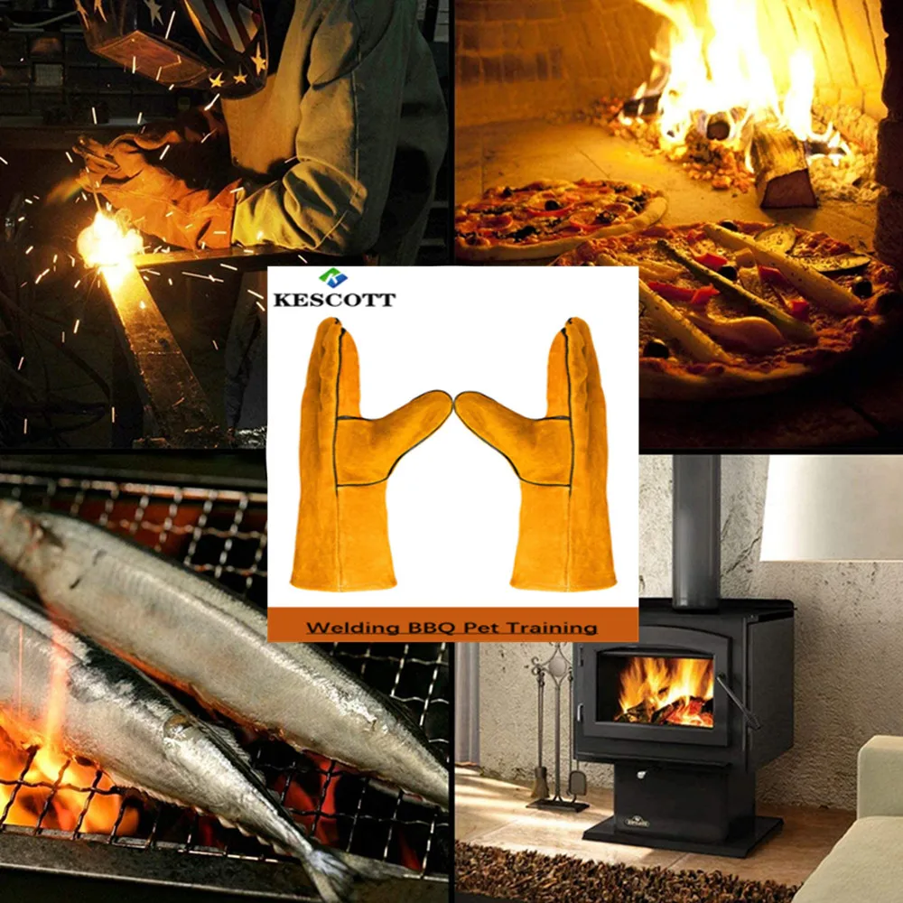 KESCOTT Electric Welding Gloves BBQ Kitchen Stove Heat Resistant Puncture Pet Training Thick Leather Large hot stapler plastic