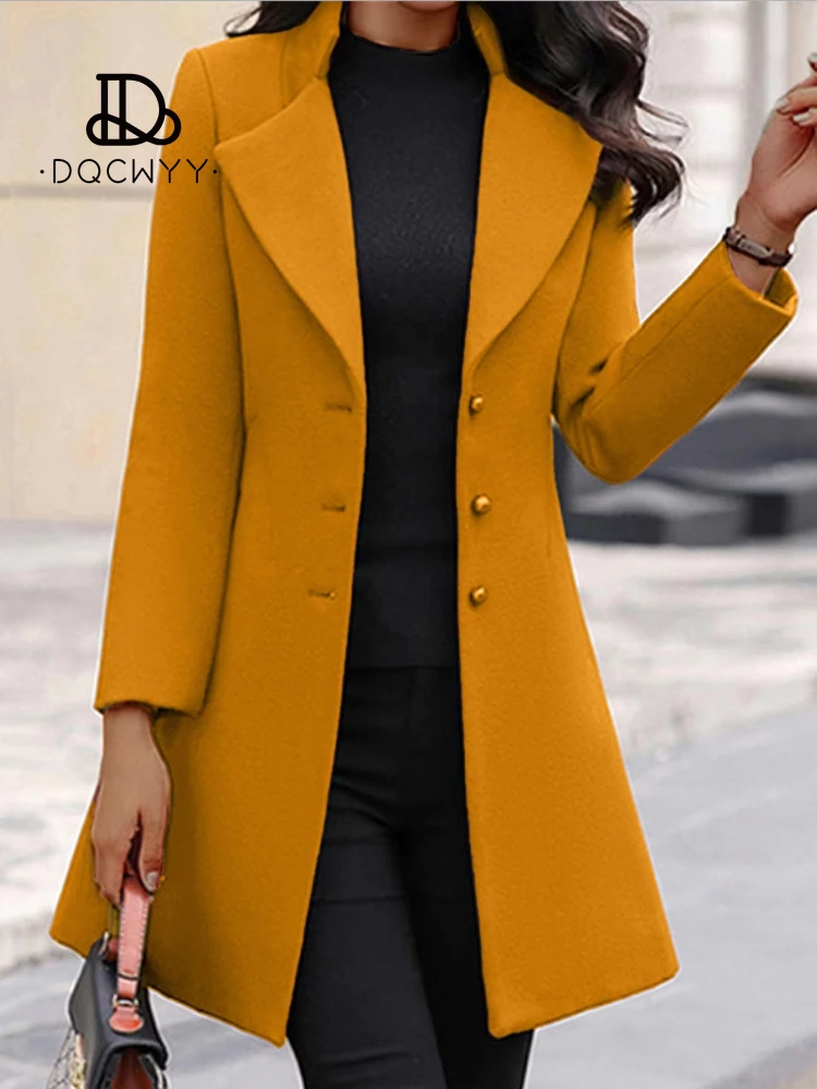 

Autumn Winter Coats for Women New Women's Korean Version Long Sleeve Solid Elegant Temperament Slim Fit Mid Length Woolen Coat