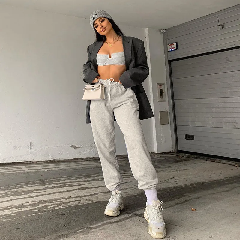 

Hot Sale Ins Solid Color Loose High Waist Slim Waist Pants Women's Lace-up Sports Sweater Pants Trend Loose Trousers
