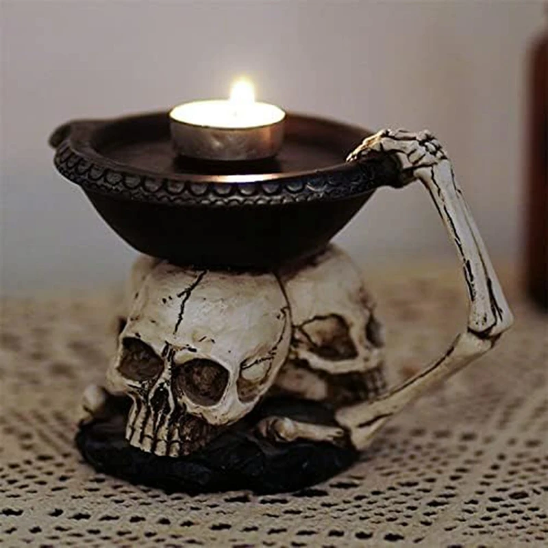 Portavelas de calavera con esqueleto, candelabro de resina, artesanía para Halloween