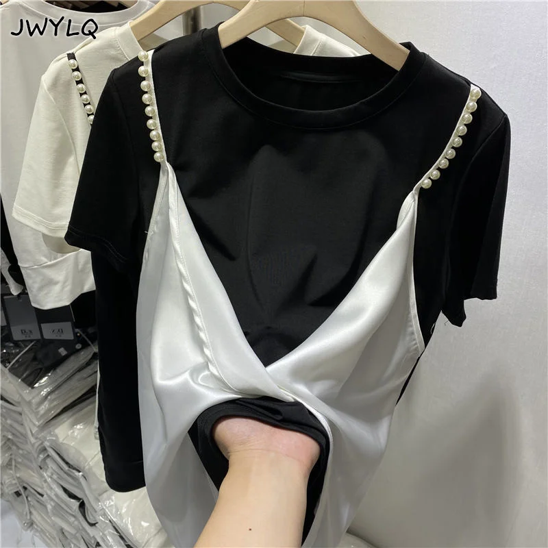 

O-neck Beaded Fake Two-piece Women T-shirts 2022 Summer New Design Short-sleeved Elegant Female Pulls Tops Tees Vintage Sweater