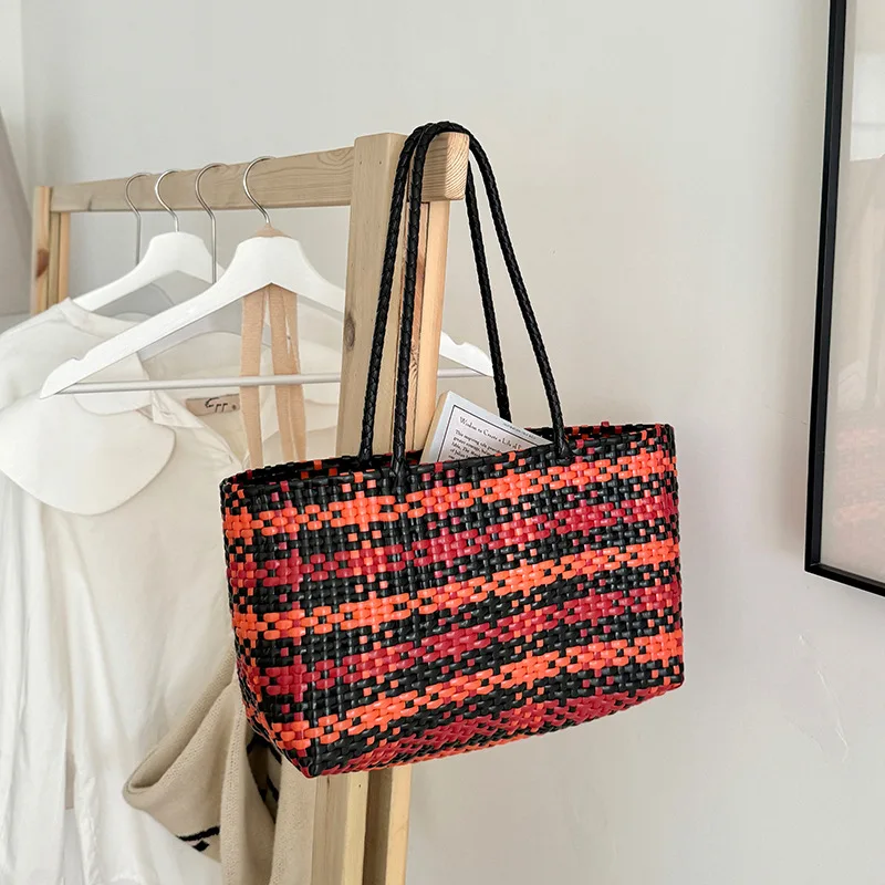 NEW Female Casual Tote Vegetable Basket Woven Bag Ins Fashion Handheld Beach Bags Summer PVC Handbag
