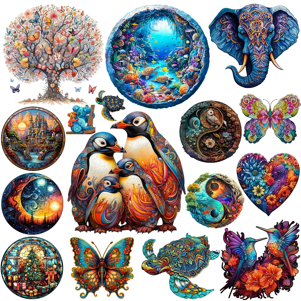 Wooden Jigsaw Puzzles Jigsaw Puzzles Wooden Puzzle Toys Wooden Puzzle Adult Unique Alien Advanced Wooden Puzzle Gift Happiness Tree Ocean World Animal Jigsaw Puzzles Family Game