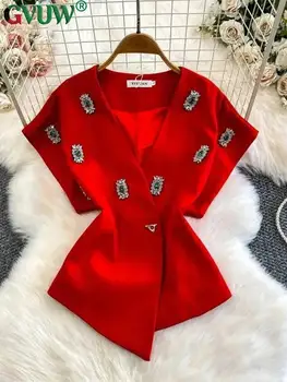 GVUW Fashion Diamond Studded Irregular Top Women's V Neck Shorts Sleeve Single Button Shirt 2026 Spring New Tide 17S3127 1