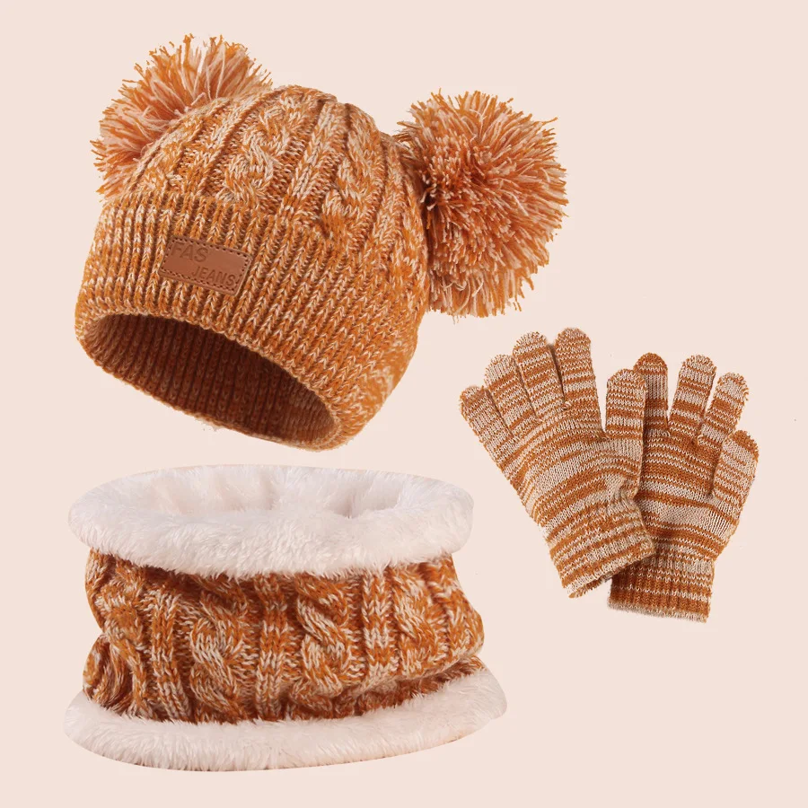 3pcs Winter Hat Sets for Children Beanies Snood Gloves Kids Gilr Boy Winter Cap Short Scarf Cute Big Pompom 2-7 Years