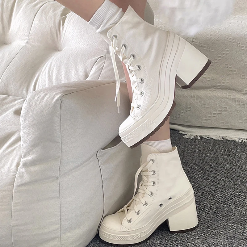 Women Canvas Shoes Lace Up Fashion High Heel Platform High Quality Ankle Boots Casual Classic Versatile Outdoor Shoes For Female