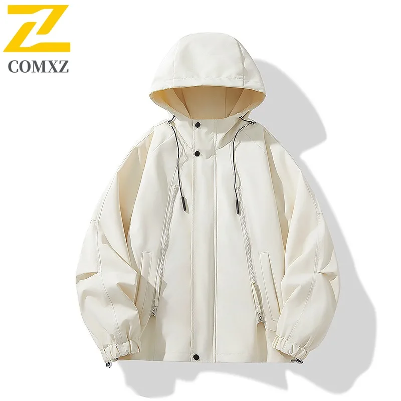 COMXZ Mens Jacket Durable Hiking Rock Climbing Windproof Motorcycle Coats 2025 Premium Hooded Travel Autumn New Outerwear