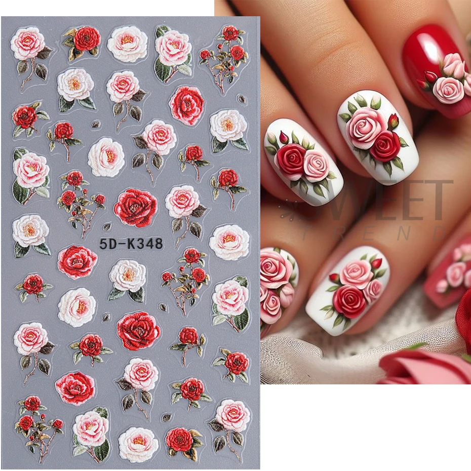 5D Embossed Nail Stickers Valentine‘s Day Red Rose Flower Self-Adhesive Sliders Decals Simple Ladies Manicure Decoration Foils 3