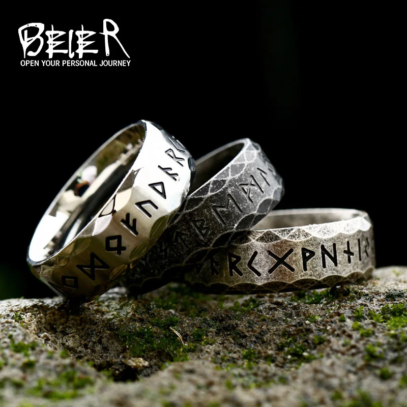 Stainless Steel Finger Ring Beier Stainless Steel Odin Norse Viking Amulet Rune MEN Ring Fashion Words Retro Jewelry LR-R133