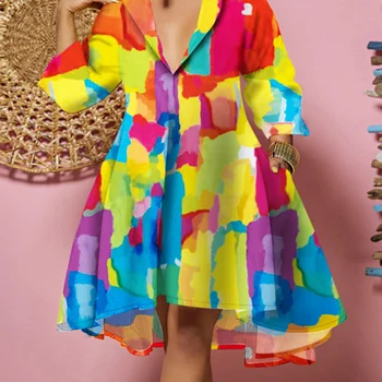 Plus Size Melting Colors All-over Print Flowy Shirt Dress