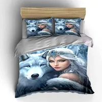 Ensemble de housse de couette imprimée princesse et loup, 3 pièces, literie de style King Queen, chambre d'hôtes, cadeau (1 housse de couette et 2 taies d'oreiller) 5