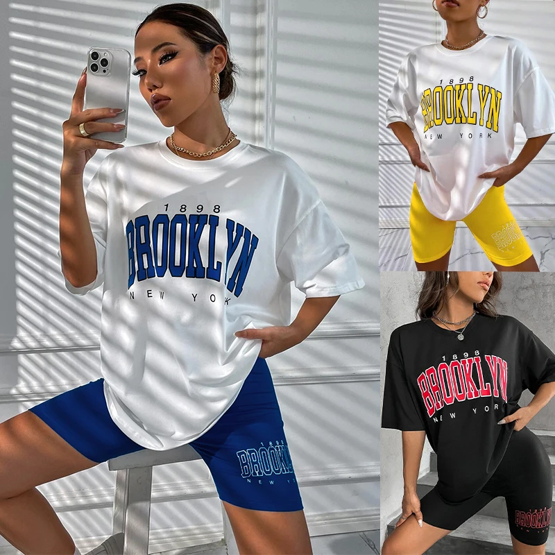 Ling Women's Pajamas Summer Fashion 2PCS Cycling Shorts with T-Shirt Set Letters Print Short Sleeve Leisure Suit Loungewear