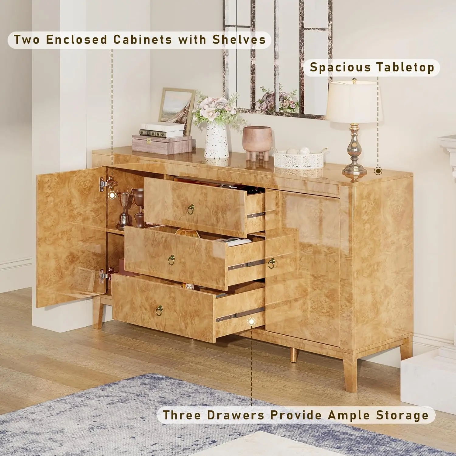 High Gloss Sideboard Buffet Burl Wood 60'' Cabinet Buffet Table with 3 Drawers & 2 Closed Storages, Mid-Century Modern Sideboard 4