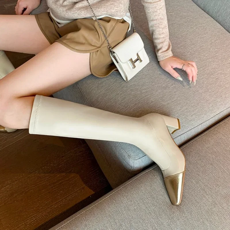 Women's Mid Boot 2023 Autumn/Winter New Women's Boot Fashion Sexy Small Fragrance Style Long Boots Square Head Elastic Slim Boot