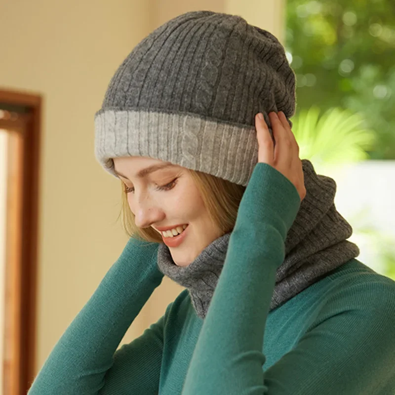 Bufanda De Tubo De Cachemira 100% Para Mujer, Anillo Calentador De Cuello Tejido Con Cable, Gorro Gruo De Doble Cara, Gorros De Punto Reversibl, Conjunto De 2 Uds Para Invierno - AliExprs 200000297