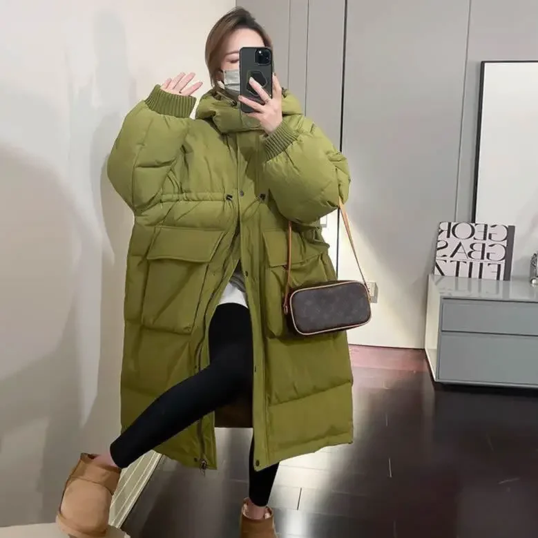 Winter Korean  Hooded White Duck Goose Down Down Long Down Padding Coat Women's Loose Commuter Thickened Padded Jacket Coat