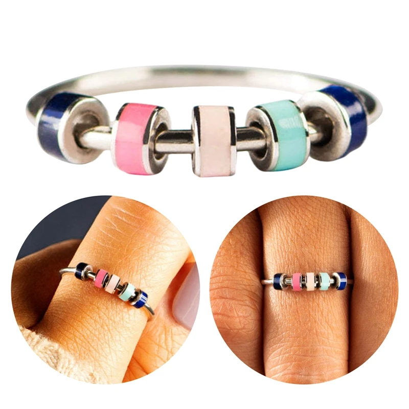 Fine Enamel Bead Anxiety Fidget Rings For Women Girls Anti Stress