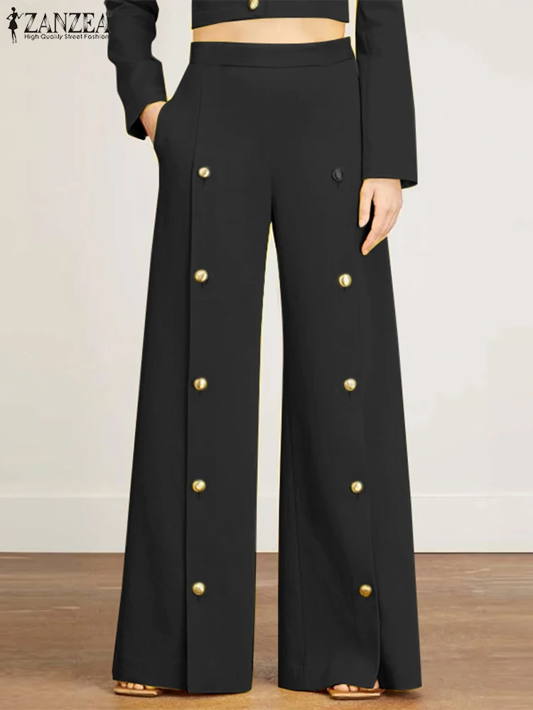 

ZANZEA Casual Loose Office Elegant Trousers Women Autumn Pants 2023 Sexy New Decoration Buttons Long Wide Leg Pants Oversized