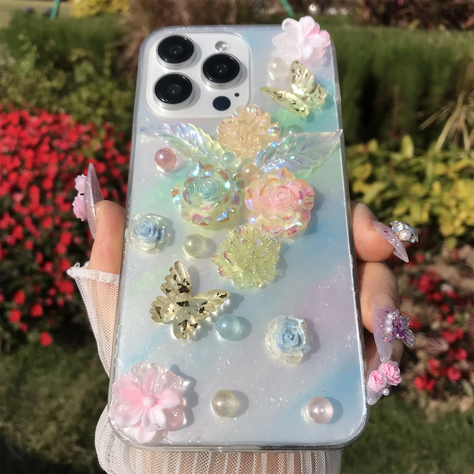 Handmade Dreamy Floral Butterfly Beaded Soft TPU Dustproof Phone Case