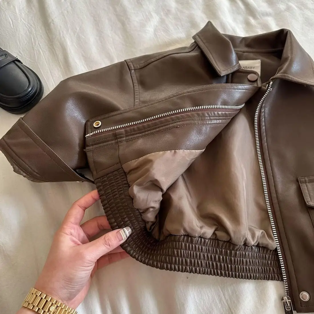 Brown PU Leather Toddler Jacket - Zipper Coat with Lapel Collar for 2-10Y