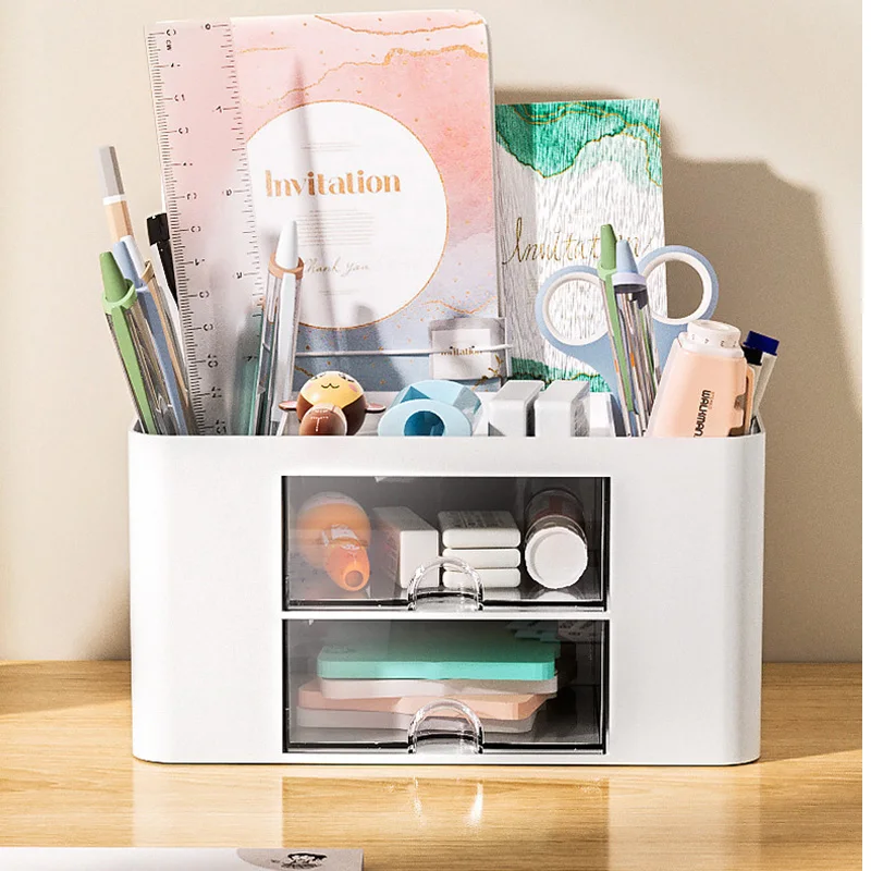 Desktop Drawer Storage Box Plastic Pen Holder Stationery Organizer Girls Cosmetic Jewelry Storage Box for Home Office
