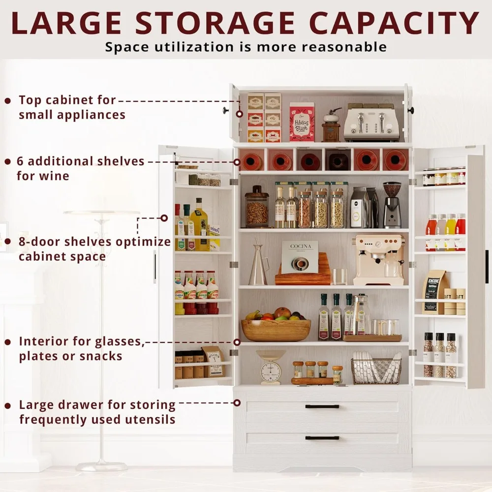 Kitchen Pantry 72" Height, with Eight Hanging Shelves, Two Drawers and Open Storage Cabinet, Freestanding Cupboard