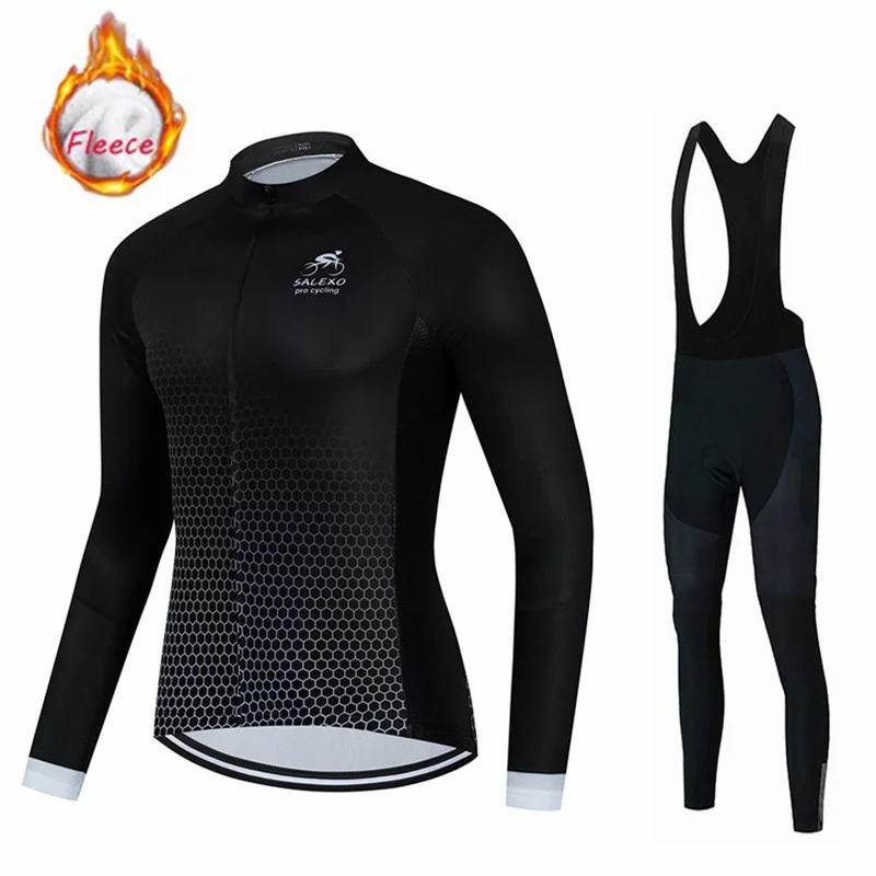 Winter Cycling Jersey Set Bike Long Sleeve Cycling Clothing Fleece Road Bike Shirt MTB Maillot Thermal Fleece Set SALEXO