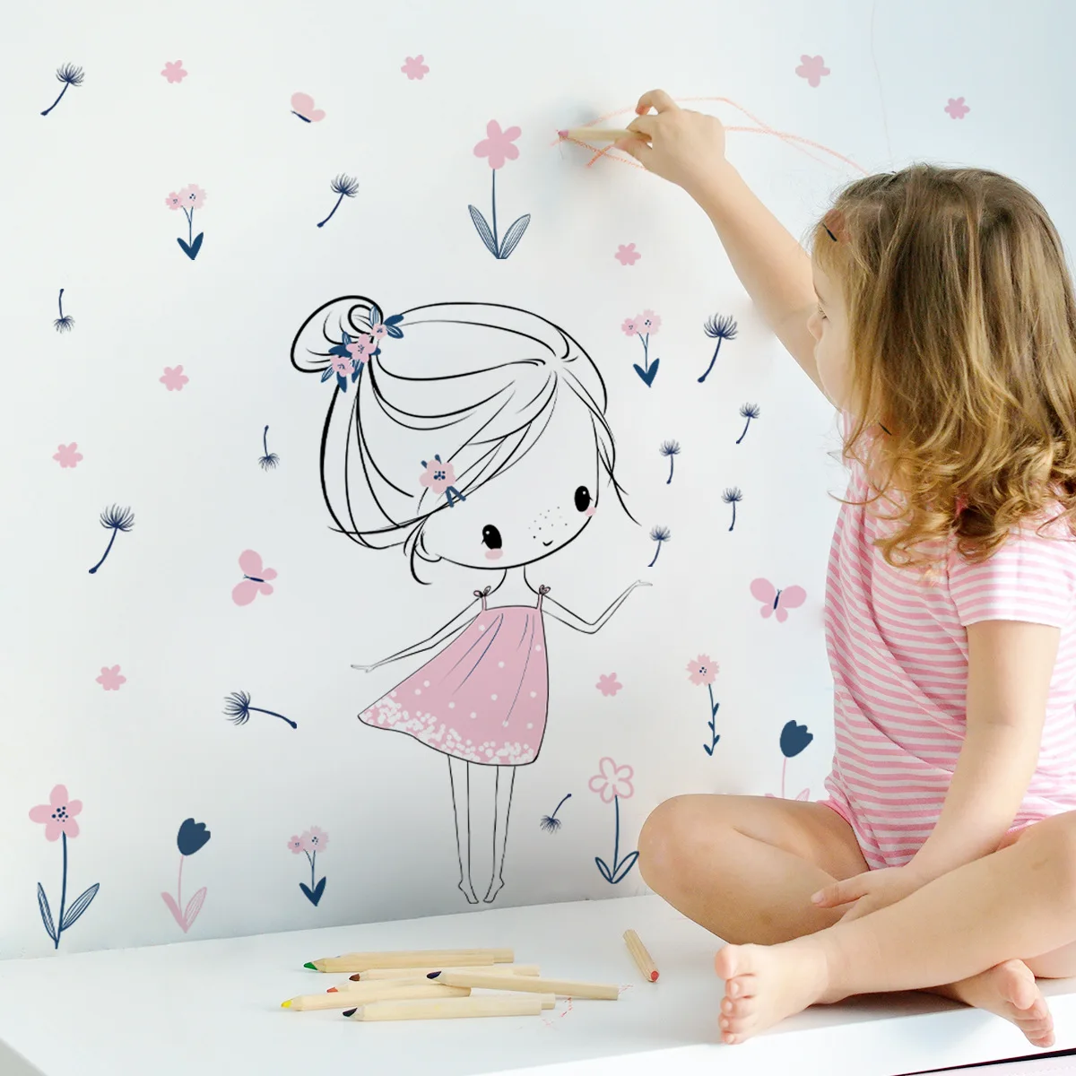 30*60cm Girl Flower Butterfly Dandelion Wall Stickers Bedroom Background Wall Home Decorative Wall Stickers Wallpaper Ms2311 baby boy girl s room colorful star wallpaper cartoon stars bedroom wallpapers self adhesive pvc wall paper for kids rooms qz167