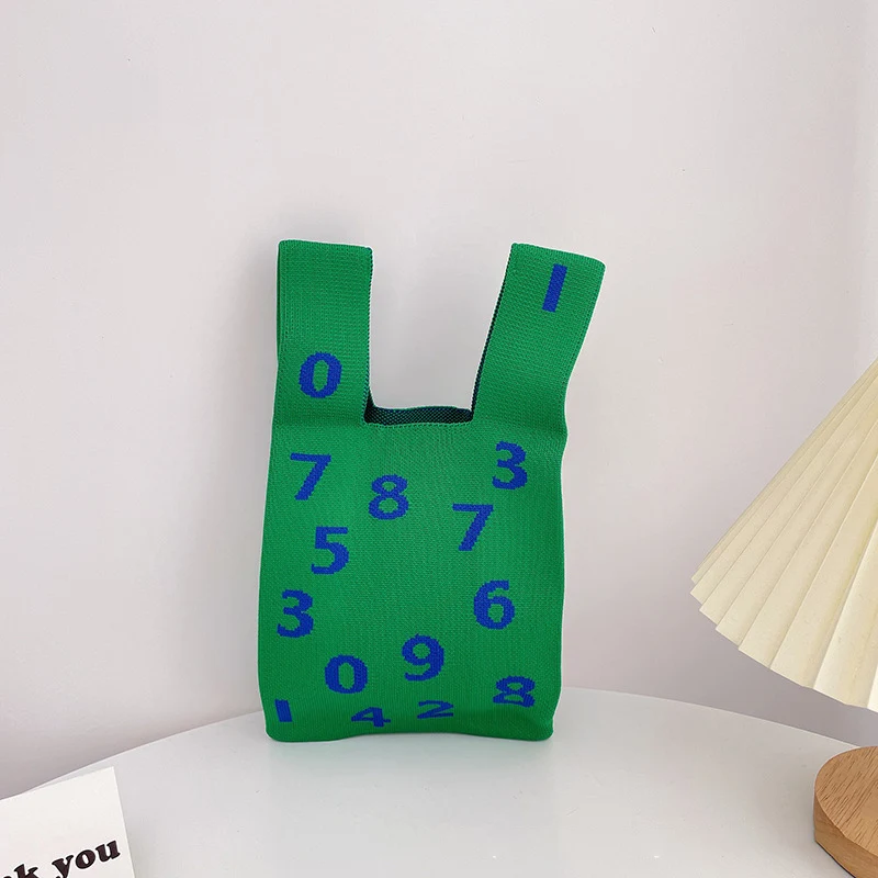 Knitting Fabric Women Handbag Coloured Numbers Design Eco Small Shopping Bag Decoration Purses Tote For Ladies Keys Pouch