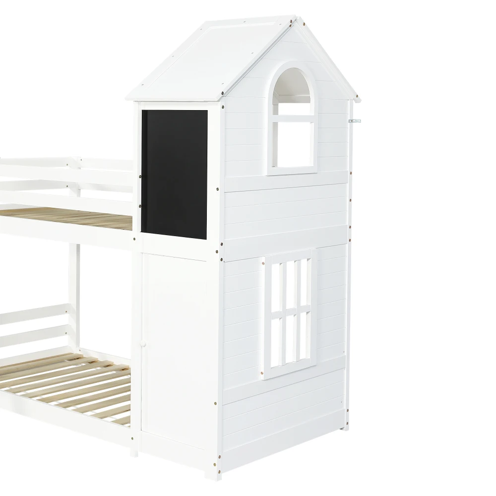 Weißes Etagenbett 90 x 200 cm – Kiefer + MDF + PB + Sperrholz, 3-stufige Leiter- und Lattenrost, mit verspielter Dach, Fenster, sichere Schlafzimmermöbel – Detail 30