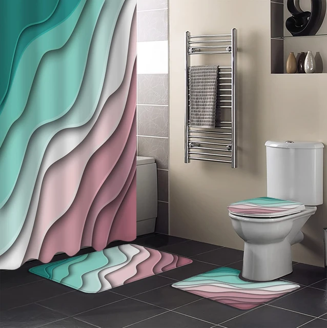 4 pezzi Teal Blue Modern Geometric Shower tende Set per bagno marrone  Abstract Ocean Wave Set da bagno, tappeti, coperchio del water - AliExpress