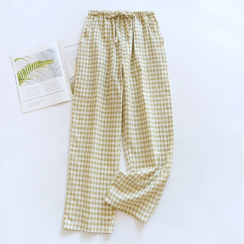 2024 New Japanese Spring/Summer Couple Sleepwear 100% Pure Cotton Gauze Men's and Women's Long Pants Thin Plaid Loose Home Pants
