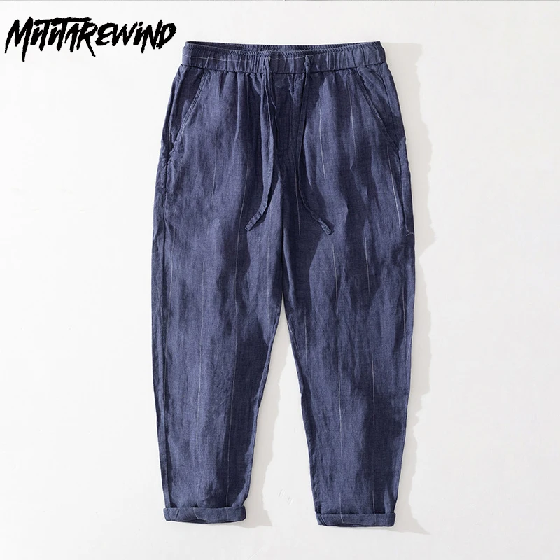 

100% Linen Man Pants Summer Outdoor Casual Pants Drawstring Elastic Waist Straight Ankle Length Trousers Breathable Simple Daily