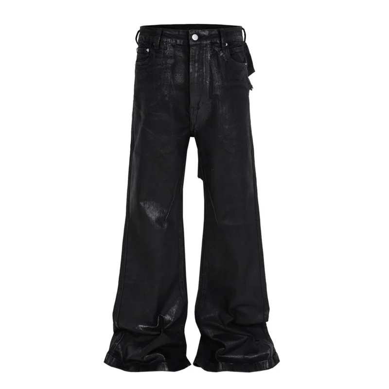PFNW High Street Coated Brushed Micro Flare Drag Black Jeans Men's Tide Loose Micro Stretch Waxed Trousers Niche Design 28W5688